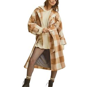 Free People Penelope XL Taupe Tan Plaid Wool Belted Longline Belted Peacoat